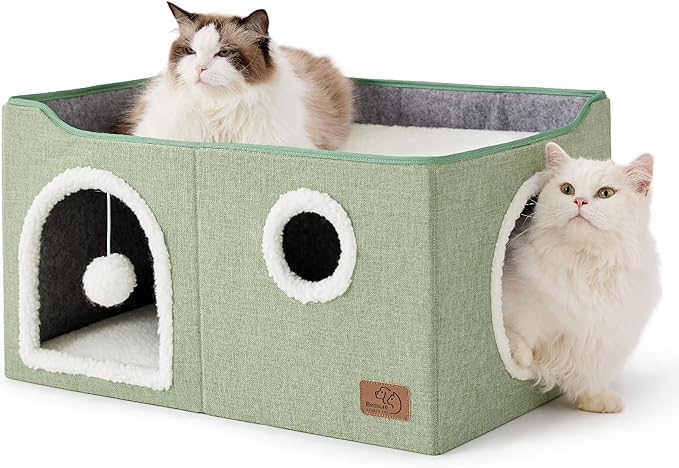 Bedsure Large Cat Beds for Indoor Cats - Extra Wide Cat Cube House for Small Pet with Fluffy Ball Hanging and Scratch Pad, Foldable Pet Cave Hideaway for Multiple Cats, 23.6x16.9x13 inches, Green