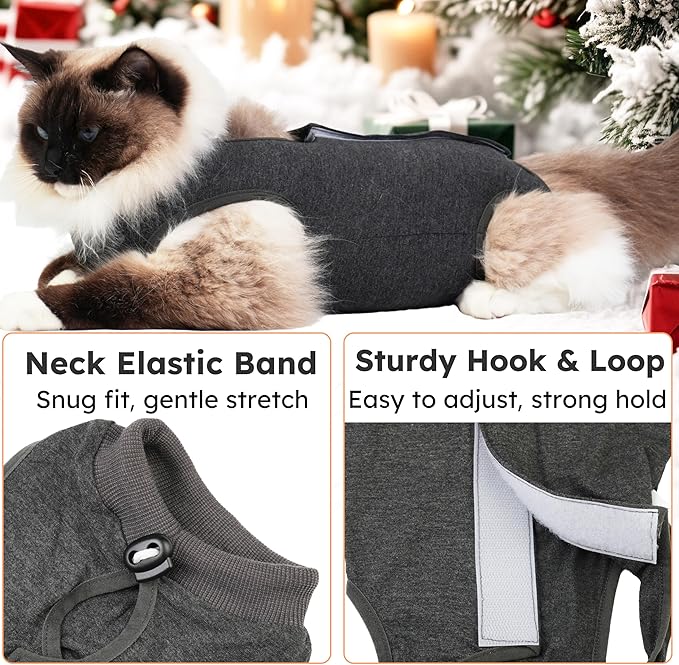Cat Recovery Suit After Surgery, Breathable Cat Surgery Recovery Suit for Spay Abdominal Wounds or Skin Diseases, E-Collar Alternative Wear for Small Male Female Pets (Dark Grey, L)