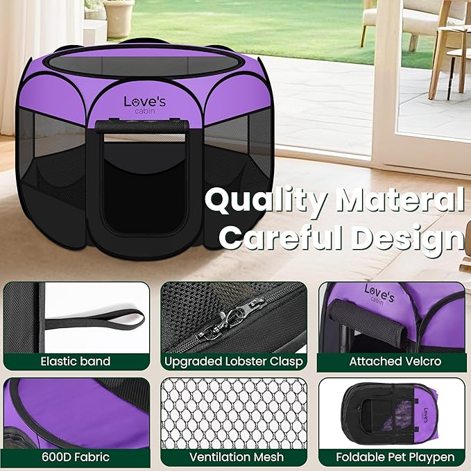 Love's cabin Pet Puppy Dog Playpen, Large Dog Tent Crates Cage Indoor/Outdoor, Portable Playpen for Cat, Foldable Pop Up Dog Kennel Playpen with Carring Case, Removable Zipper Top, Purple