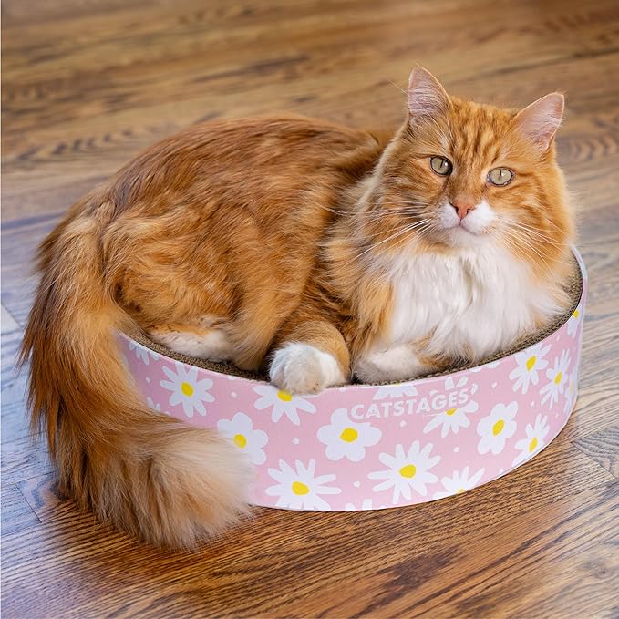 Catstages Scratch & Snuggle Daisy Two-in-One Corrugated Cat Scratcher and Lounging Spot, Floral Design, Pink