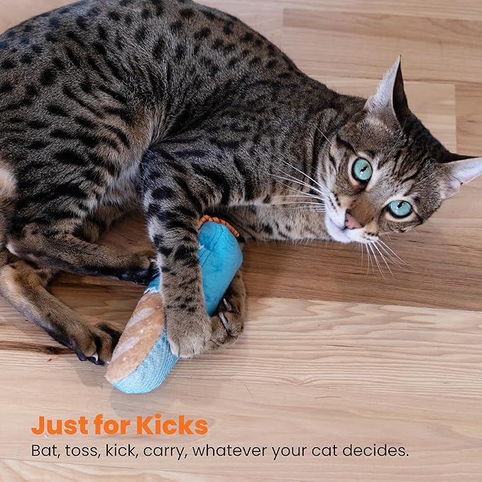 Catstages Loaf Kicker Toy with Catnip and Dental Mesh, Bread Shape, Plush and Ribbon Cat Toy for Kicking, Tossing, and Teeth Cleaning, Tan
