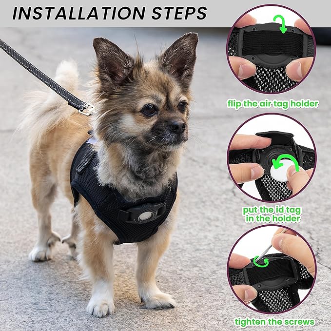 Dog Harness with Airtag Holder for Small Dogs, Puppy, Cats - No Pull Step in Small Dog Harness and Reflective Dog Leash Set for Walking Training Travel Grooming Outdoor