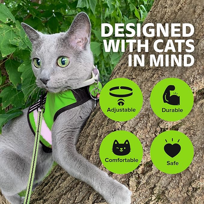 Kitty Holster Reflective Cat Harness – High-Visibility Cat Harness for Travel, Day and Night Walking - Soft Cotton Cat Accessories, Breathable, Secure & Washable, Made in USA - Loud Lime, XS