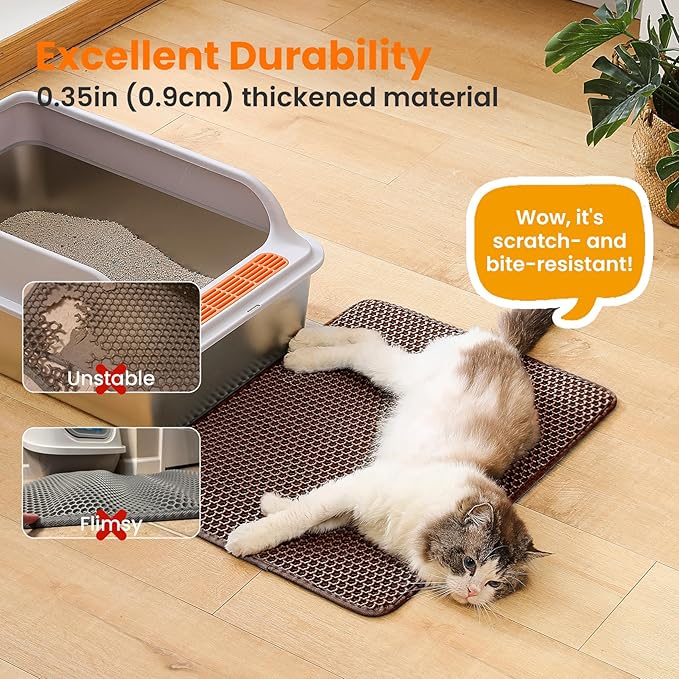 Cat Litter Mat, 24x18 Inches Large Double Layer Honeycomb Cat Litter Trapping Mat, Non Slip Waterproof Urine Proof Cat Litter Box Mat for Floor, Kitty Litter Rug, Cat Supplies, Brown