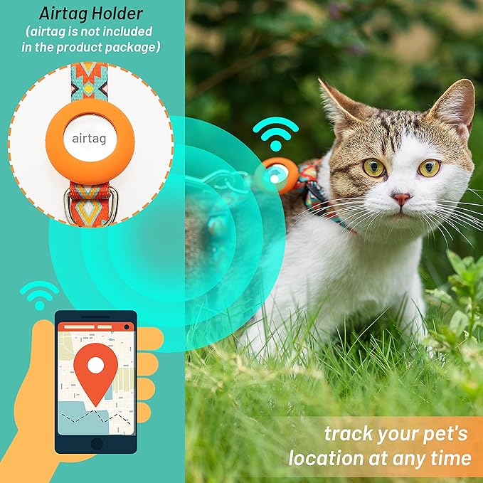 Cat Harness and Leash Escape Proof for Walking Travel Outdoor - Soft Nylon Adjustable Cute Cat Harness Leash Set with Airtag Holder for Small Large Cats