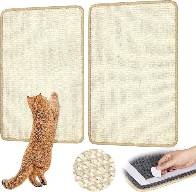 White Cat Scratching Mat Sisal, 2 Packs Sisal Fabric Large Cat Scratching Pad for Indoor Cats with Adhesive Hook Loop Tape, Wall Scratchers for Indoor Cats 23.6" x 15.7"