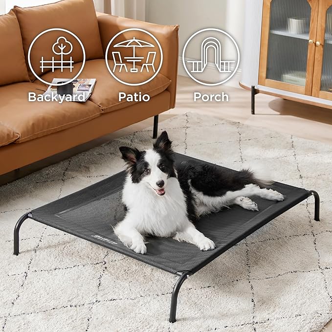 Bedsure Outdoor Elevated Dog Bed Large Sized Dog, Portable Indoor & Outdoor Cooling Raised Cot Pet Hammock Bed with Skid-Resistant Feet, Frame with Breathable Mesh, Black, 49 inches