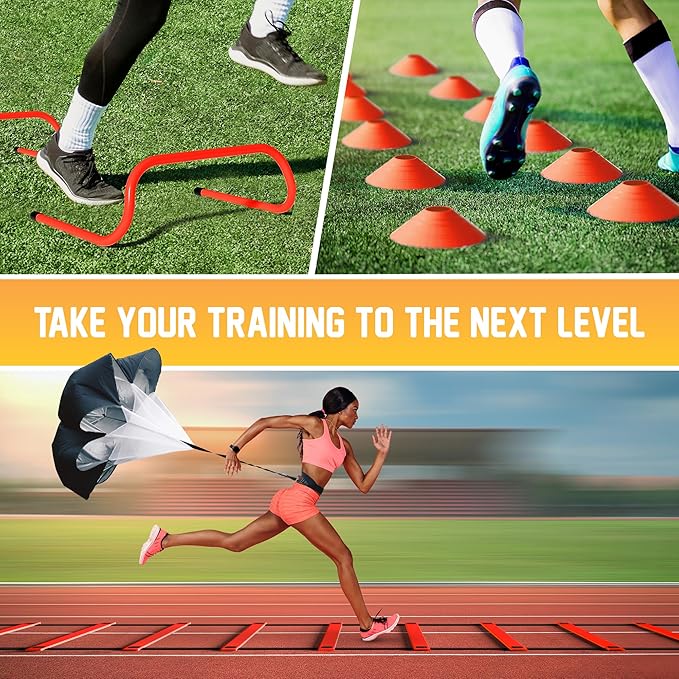 Yes4All Agility Ladder Speed Training Equipment Set - 1 Adjustable Agility Ladder, 12 Soccer Cones, 5 Hurdles, Jump Rope, Running Parachute - Speed & Agility Training Equipment for All Ages