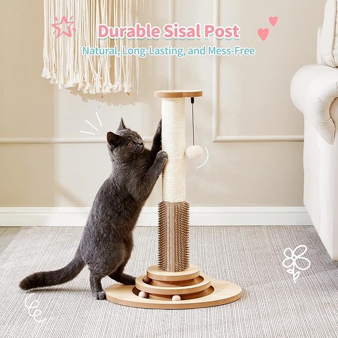 Made4Pets Cat Scratching Post, 23" Tall Sisal Cat Scratcher Post with Self Groomer, 4-in-1 Interactive Trackball Toys with Hair Brush, Vertical Cat Climbing Tree with Dangling Plush Balls