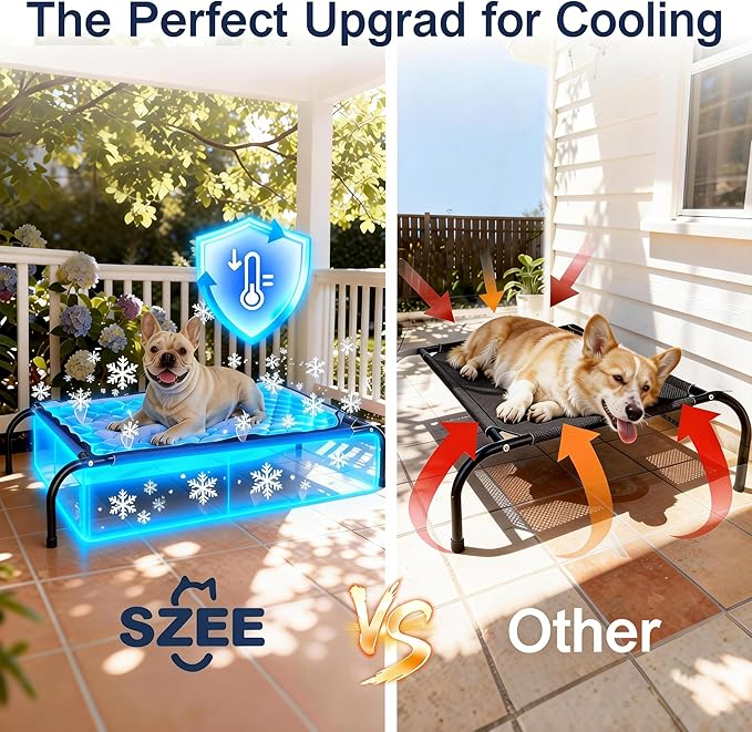 SZEE Raised Dog Bed with Detachable 2-Sided Cooling/Warming Waterproof Mat, Elevated Dog Cot Bed for Medium Sized Breeds with Durable Steel Frame & Sturdy Teslin Mesh, Outdoor & Indoor All-Season Use