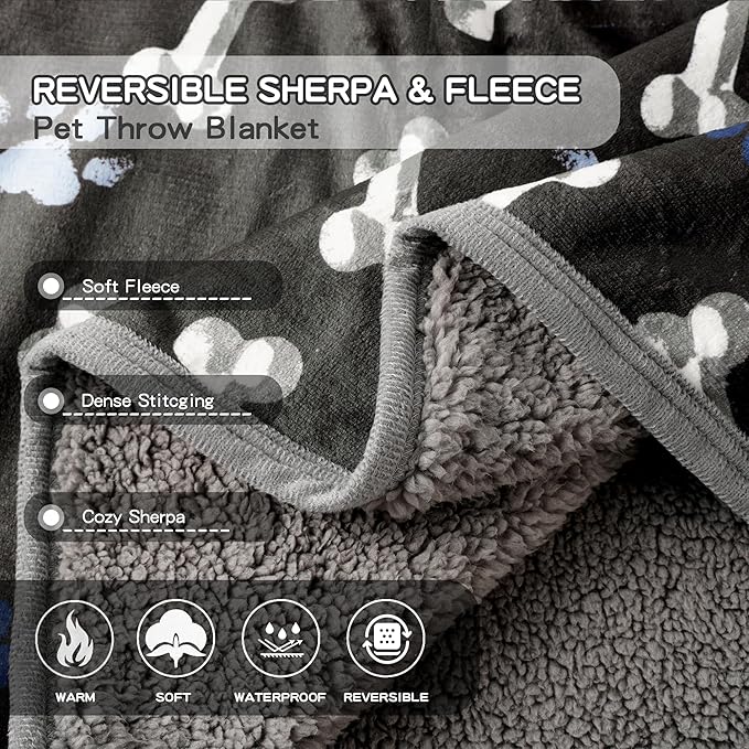 Waterproof Dog Blankets Pet Blanket, 30"x40" Cat Blanket for Indoor Cats, Soft Fluffy Sofa Car Bed Protector, Reversible Sherpa Fleece Puppy Blanket for Small Medium Dogs (Navy Paws)
