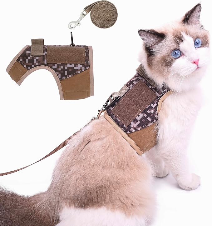 Tactical Kitty Harness and Leash for Walking Escape Proof, Desert Camo, X-Small, Adjustable Cat Walking Jackets, Padded Stylish Cat Vest for Winter