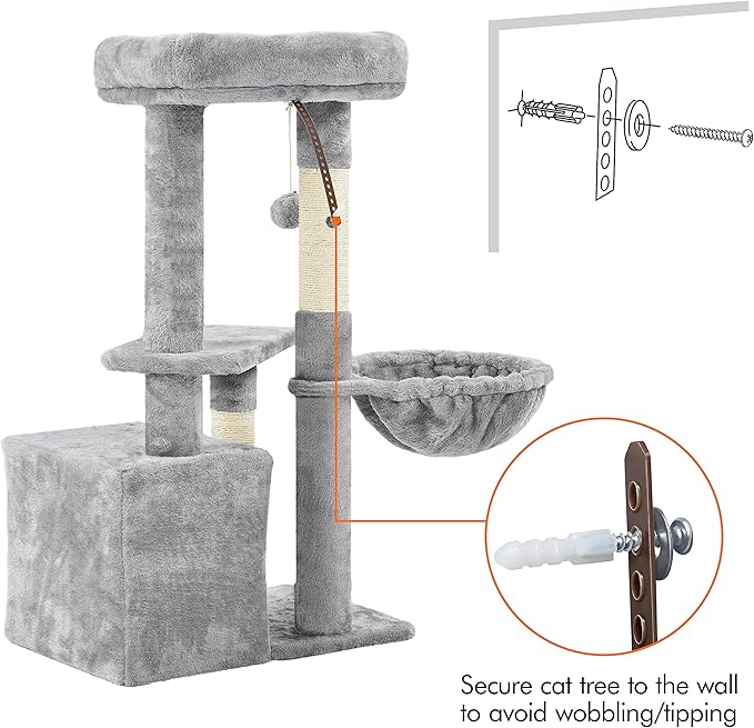 Yaheetech 34.5in Scratching Post, Cat Scratchers for Indoor Cats and Kittens, Multifunctional Activity Post w/Sisal Rope＆Dangling Ball＆Large Condo, Light Gray