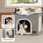 Bedsure Cat Beds for Indoor Cats - Large Cat Cave for Pet Cat House with Fluffy Ball Hanging and Scratch Pad, Foldable Cat Hideaway, 16.5x16.5x13 inches, Blue