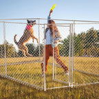 Lucky Dog Heavy Duty Outdoor Galvanized Chain Link Dog Kennel Enclosure with Latching Door, 1.5 Inch Raised Legs, and Adjustable Configuration, Silver