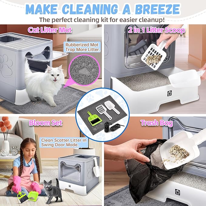 Enclosed Cat Litter Box with Lid Foldable Potty,Drawer Type Extra Large Cover Litter Box with Mat, Kitty Free in and Out/One-Way,Odor Control Anti-Splashing Easy Cleaning (Medium Grey)