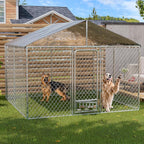 10×10×7 FT Outdoor Dog Kennel with Roof, Dog Enclosure w/Rotating Feeder, Large Heavy Duty Dog Run Playpen w/2 Stainless Bowls, Galvanized Pet House w/Secure Lock, Waterproof Cover