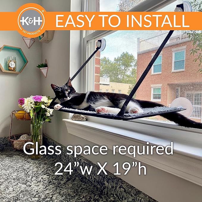 K&H Pet Products EZ Mount Cat Window Perch for Large Cats, Sturdy Kitty Sill Window Hammock Bed, Steel Frame, Sturdy Suction Cups, Washable Shelf Cover, Foldable - Fits 27"W X 23"H Glass Spaces