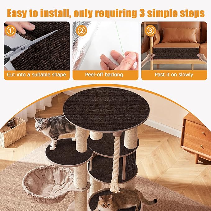 cat Scratching mat Self-Adhesive, Trimmable Furniture Protector for Couch, Sofa, Wall & Cat Trees - Durable Scratch Pad with Nano Tape, DIY Climbing Carpet for Indoor Cats (Brown, 39.3"x15.8")