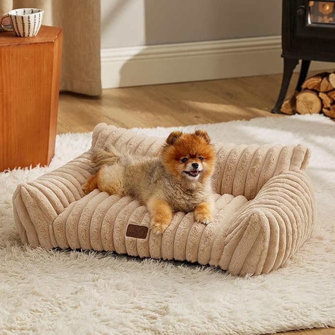 Bedsure ComfyFleece™ Cute Cat Couch for Pets - As Seen on TV on Good Day New York, Small Medium Dog Bed, Supportive Couch Bed for Small Dogs, 30 Inch, Sandy Beige