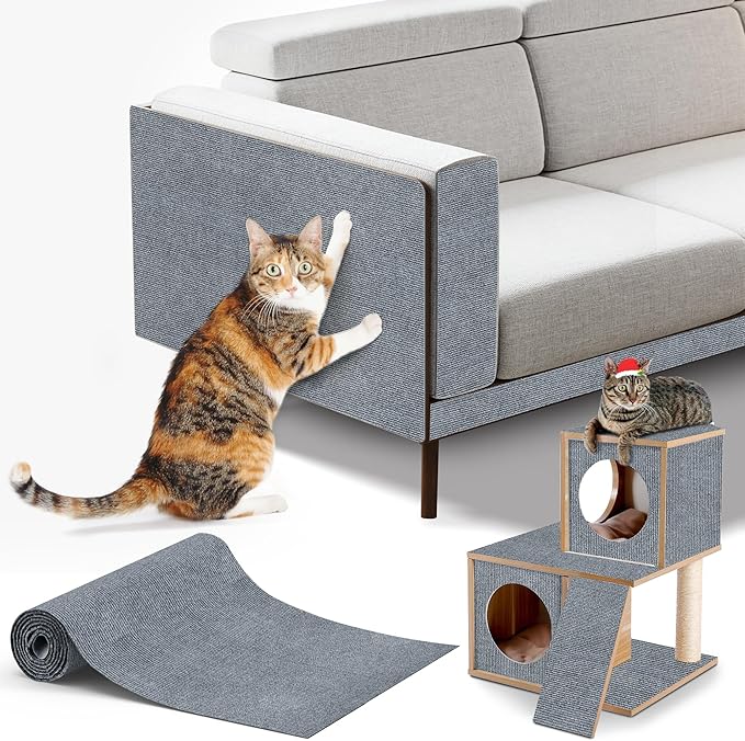 cat Scratching mat Self-Adhesive, Trimmable Furniture Protector for Couch, Sofa, Wall & Cat Trees - Durable Scratch Pad with Nano Tape, DIY Climbing Carpet for Indoor Cats(Light Grey, 39.3"x15.8")