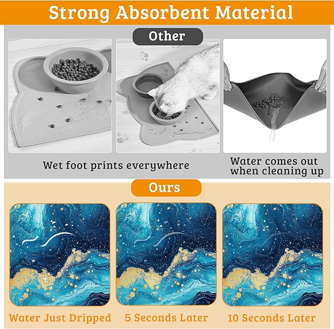 Dog Bowl Mat,Blue Gold Marble Pet Feeding Mat for Floors Waterproof,Flowing Absorbent Dogs Placemat for Food and Water Quick Dry Pet Cat Feeding Mats with Non Slip Bottom 16" x 24"