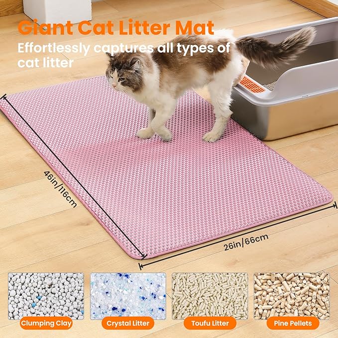 Jumbo Cat Litter Mat, 46x26 Inches Double Layer Honeycomb Litter Trapping Mat, Non Slip Waterproof Urine Proof Extra Large Cat Litter Box Mat, Kitten Supplies and Essentials, XXL, Pink