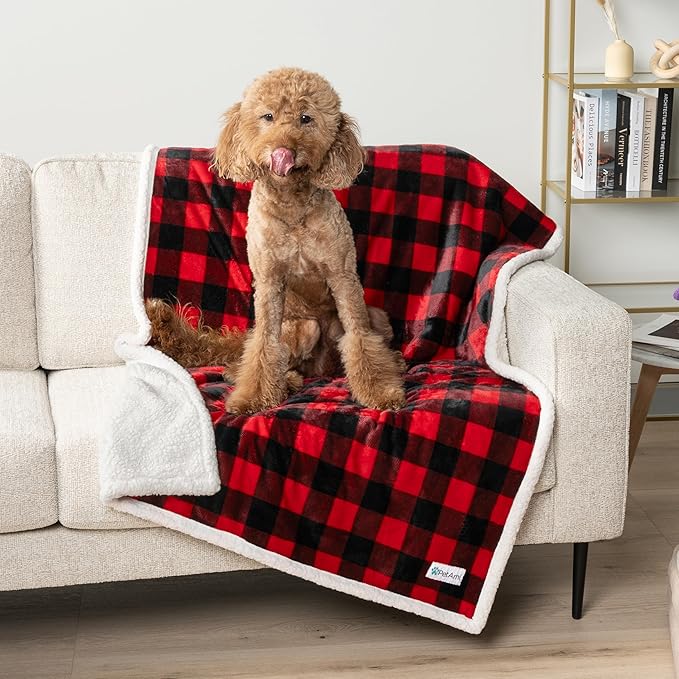 PetAmi Waterproof Dog Blanket for Small Medium Dog Puppy Cat Throw for Couch Cover Leakproof Protection, Sherpa Fleece, Reversible Soft Washable 29x40 Checker Plaid Red