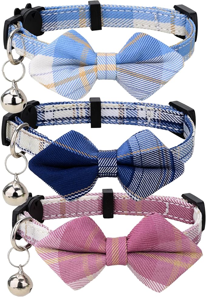 Cat Collar 3pcs Set Classical Plaid Tartan Grid Pattern Detachable Bowtie & Bell Safety Breakaway for Cats Kittens Pink Blue Navy