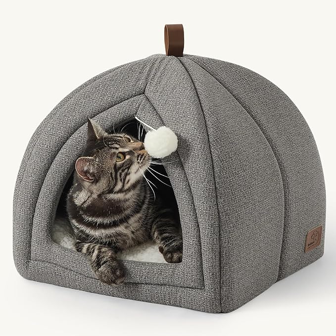 Bedsure Cat Beds for Indoor Cats - 2 in 1 Cat Cave House Tent for Kittens and Small Pets with Removable Washable Cushioned Pillow, Foldable Kitten Hideaway with Non-Slip Bottom, Grey, 16 inches