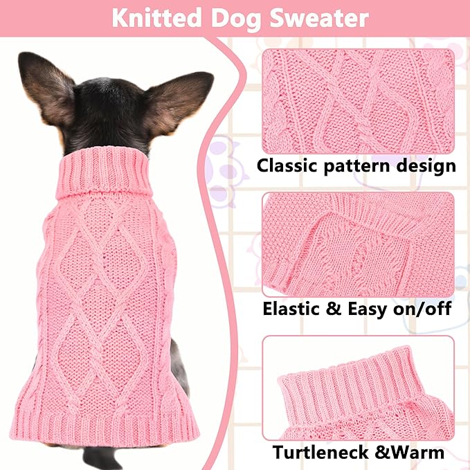 Dog Sweaters for Small Dogs Winter Dog Clothes Turtleneck Puppy Sweater Warm Pet Clothes Knitted Solid Cat Sweater Dogie Outfit XS~L(Light Pink,L)