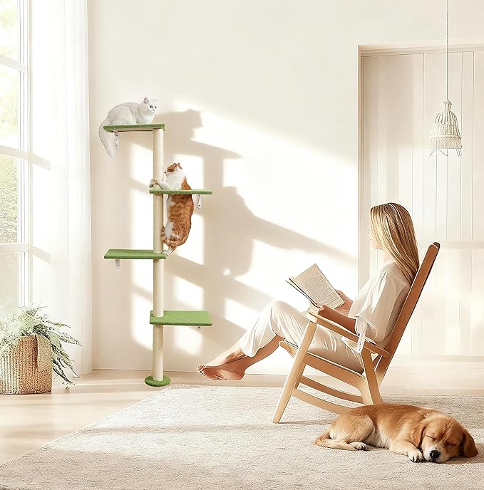 Tall Cat Scratching Posts,4 Tier Corner Cats Tree, Wall Mounted Kitten Tower,Carpeted Climbing Wall for Indoor Kitty Perching,Playing and Lookout(Green)