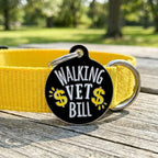 Bad Tags Personalized Dog and Cat ID Tags in 25+ Designs and 2 Sizes - 5 Lines of Custom Engraved Text - Funny Cute Personalized Pet Tags (Walking Vet Bill - Black, Small (1 inch))