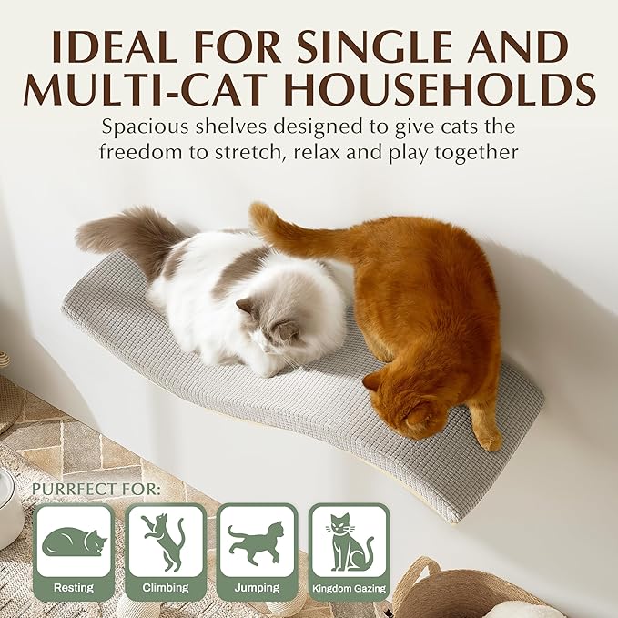 Extra Large 35.4” × 11.6” Stylish Cat Wall Shelves with Soft Cushion, Modern Wall-Mounted Cat Tree Furniture & Perch, Sturdy/Hidden Mounts, Machine Wash Cover, Sleek Design- CALLICO HAVEN Wave S-Shape