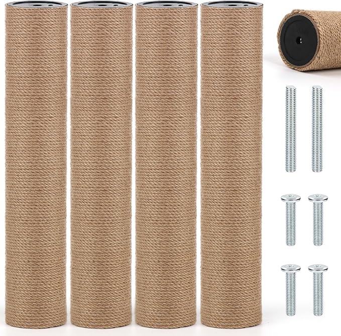 4 PCS M8 Cat Scratching Post Replacement, 15.7 x 3.1 Inches Cat Tree Replacement Post-Natural Jute Pole for Indoor Cats with M8 Screws, for Kitten Tree Tower Spare Cat Furniture Accessories