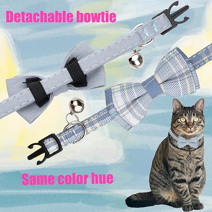 Cat Collar Breakaway Bowtie Safety with Bell Adjustbale Kitten Puppy Solid Plaid Color Set D-[2pcs] Blue