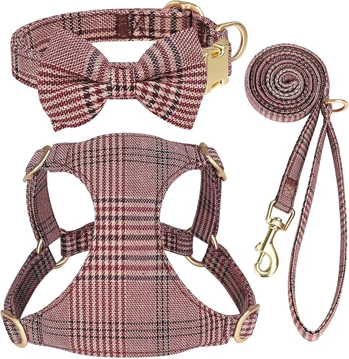 Beirui Cute Small Dog Harness Collar and Leash Set with Bowtie, Soft Adjustable Plaid Puppy Harness for Small Sized Dogs Cats Walks Parties and Photoshoots(Maroon,S:Chest 17-23")