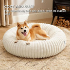 Bedsure ComfyFleece™ Donut Large Dog Bed - Washable Faux Fur with Corduroy Fleece & Anti Slip Bottom, Round Pet Bed with Removable Cover, Cream, 36x36x8 inches