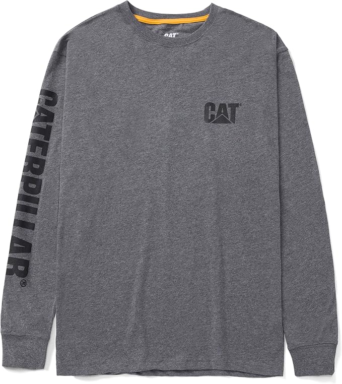 Caterpillar Trademark Banner Long Sleeve Tee Shirts for Men with Center Back Neck Wire Management Loop and Cat Workwear Logo