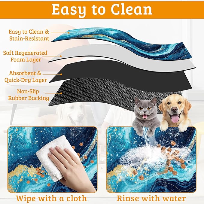 Dog Bowl Mat,Blue Gold Marble Pet Feeding Mat for Floors Waterproof,Flowing Absorbent Dogs Placemat for Food and Water Quick Dry Pet Cat Feeding Mats with Non Slip Bottom 12" x 20"