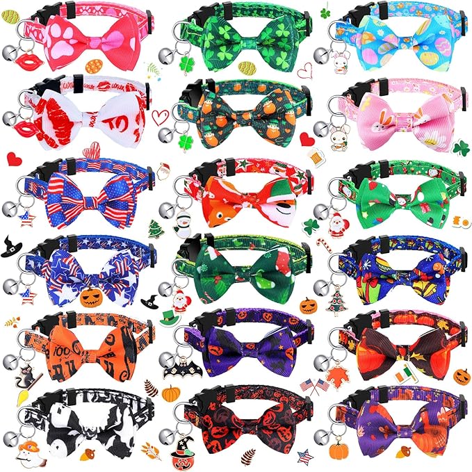 Kacctyen 18 Pcs St. Patrick's Day Cat Collars Bulk Holiday Cat Collars with Bow Tie 4th of July Patriotic Decoration Kitty Breakaway Adjustable Pet Kitten Bowtie Decor(Medium)