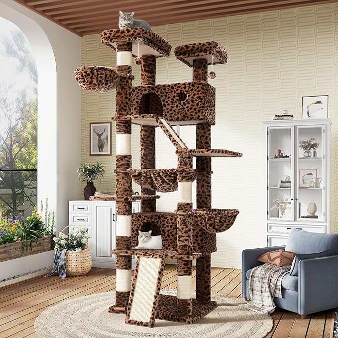 SHA CERLIN 81in Multi-Level Tall Cat Tree Tower for Indoor Kitties/Larger Cat Condo Furniture with Hammock/Cozy Pussycat Perches/Sisal Scratching Posts/Pet House/Wide Base/Leopard Print