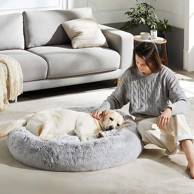 Calming Dog Bed & Cat Bed, Anti-Anxiety Donut Dog Cuddler Bed, Warming Cozy Soft Dog Round Bed, Fluffy Faux Fur Plush Dog Cat Cushion Bed for Small Medium Dogs and Cats (20"/24"/27"/30")