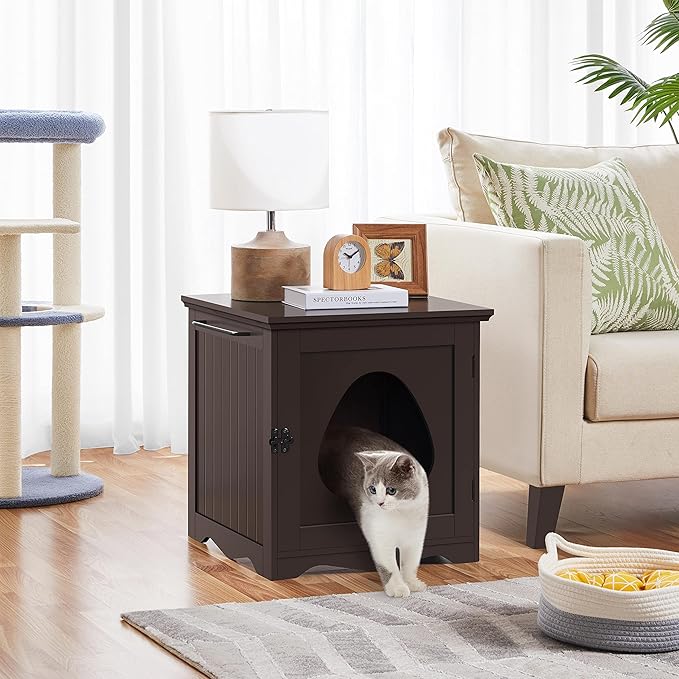 Yaheetech Cat Litter Box Enclosure, Litter Box Furniture Hidden with Towel Bar, Wooden Pet Washroom, Dog Proof Cat Litter Box Cabinet, Indoor Pet House, Side End Table, Espresso