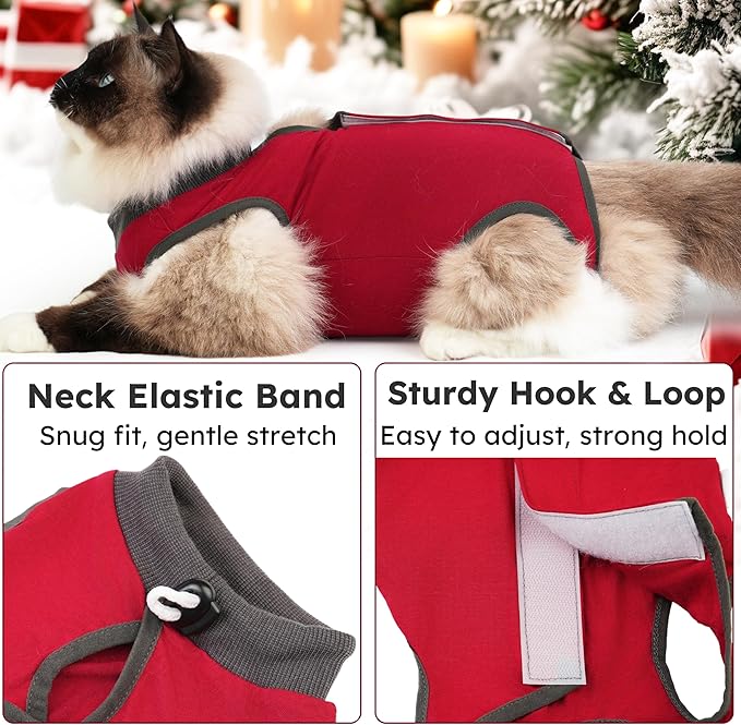 Cat Recovery Suit After Surgery, Breathable Cat Surgery Recovery Suit for Spay Abdominal Wounds or Skin Diseases, E-Collar Alternative Wear for Small Male Female Pets (Red,L)