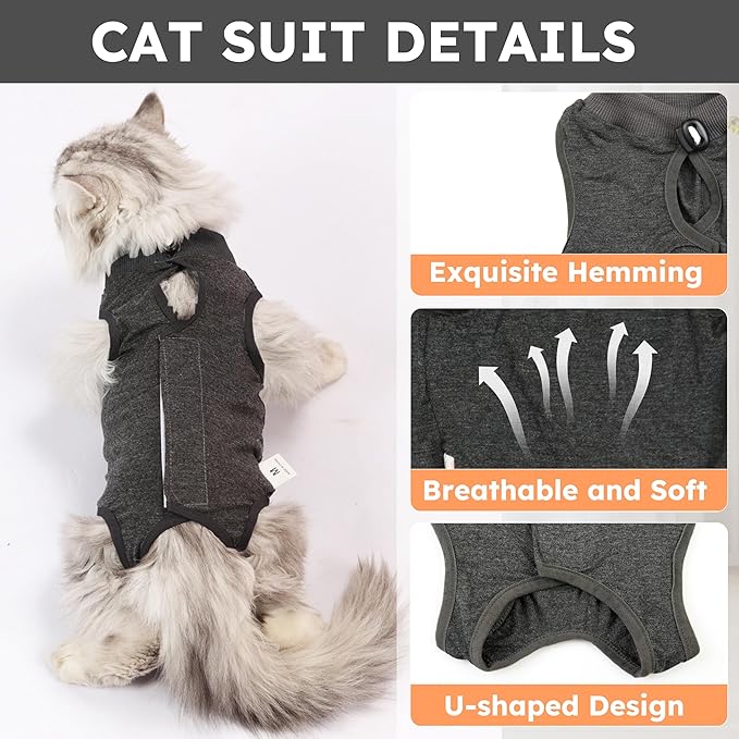 Cat Recovery Suit After Surgery, Breathable Cat Surgery Recovery Suit for Spay Abdominal Wounds or Skin Diseases, E-Collar Alternative Wear for Small Male Female Pets (Dark Grey, L)