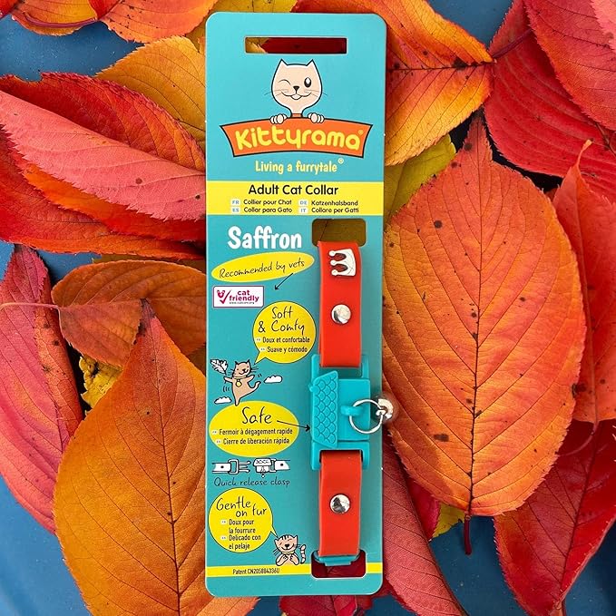 New Kittyrama Cat Collar with Bell. As Seen in Vogue. Breakaway, Quick Release, Hypoallergenic, Vet Approved. Lightweight Kitten Collar. Soft & Comfy. Saffron