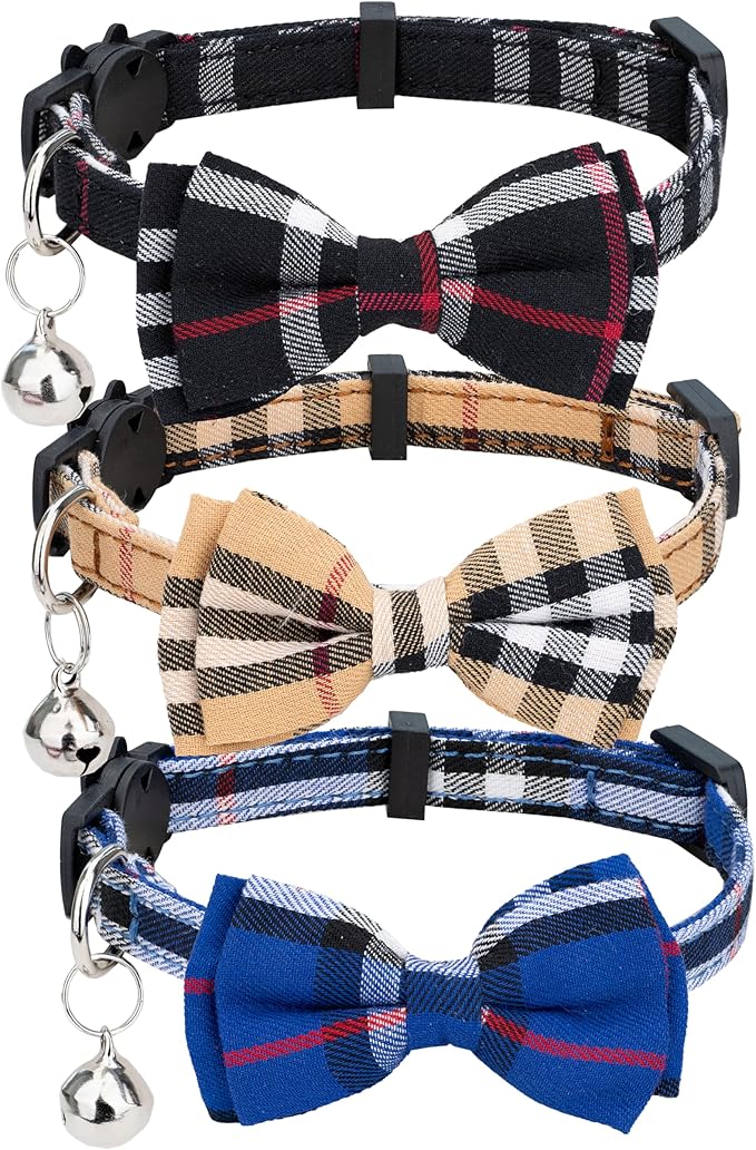Cat Collar 3pcs Set Classical Plaid Tartan Grid Pattern Detachable Bowtie & Bell Safety Breakaway for Cats Kittens Blue Brown Black