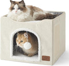 Bedsure Cat Beds for Indoor Cats - Large Cat Cave for Pet Cat House with Fluffy Ball Hanging and Scratch Pad, Foldable Cat Hideaway, 16.5x16.5x13 inches, Ivory