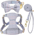 Beirui Cute Small Dog Harness Collar and Leash Set with Bowtie, Soft Adjustable Plaid Puppy Harness for Small Sized Dogs Cats Walks Parties and Photoshoots(Blue,S:Chest 17-23")